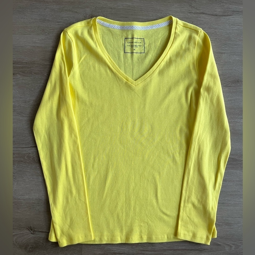 CHARTER CLUB Perfectly Soft Supima Cotton Long Sleeve Top V Neck Yellow SZ M